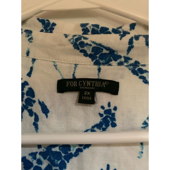 For Cynthia Linen Blend Giraffe Print White/Blue Long Sleeve SZ 2X Womens Top - Picture 6 of 8